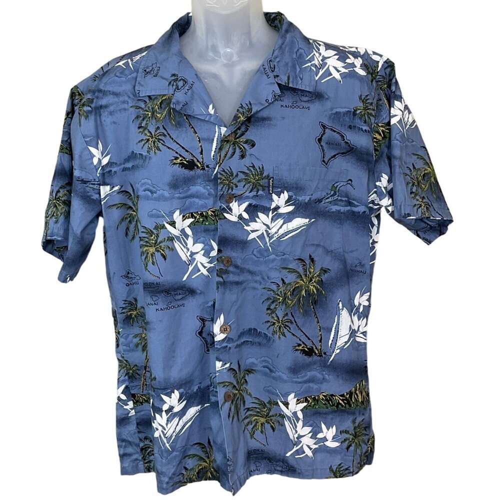 Palmwave Hawaii Mens Hawaiian Shirt Blue Tropical Print Size L